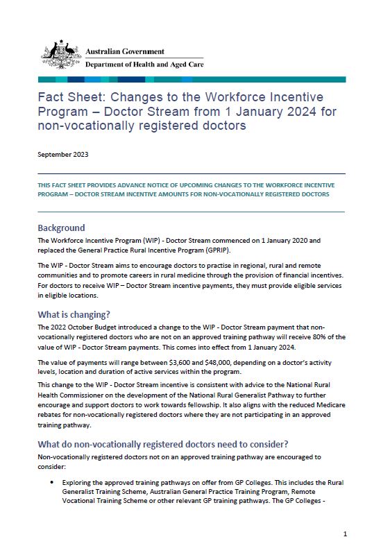Changes to the Workforce Incentive Program – Doctor Stream from 1 January 2024 for non-vocationally registered doctors - Fact Sheet