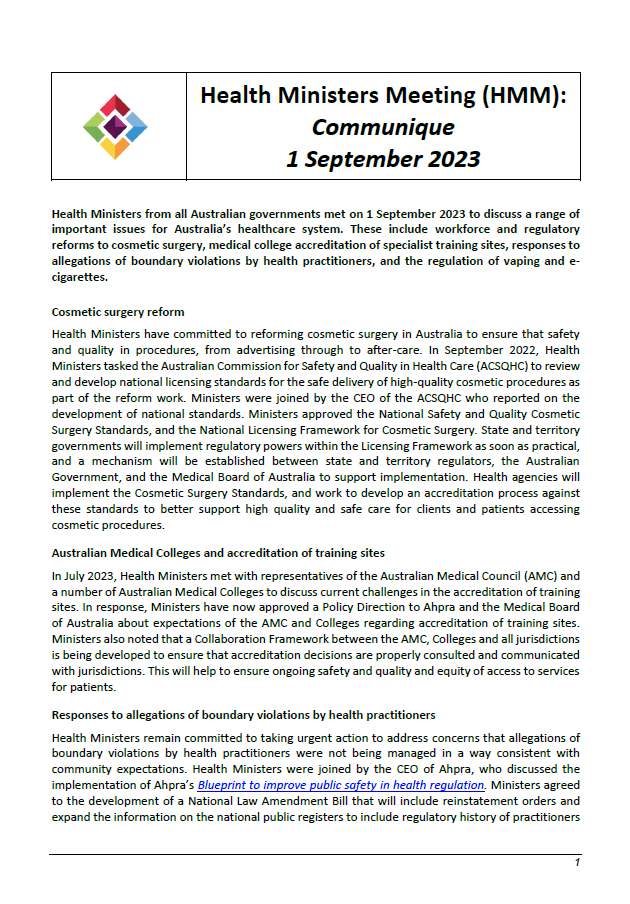 Health Ministers Meeting (HMM) – Communique 1 September 2023