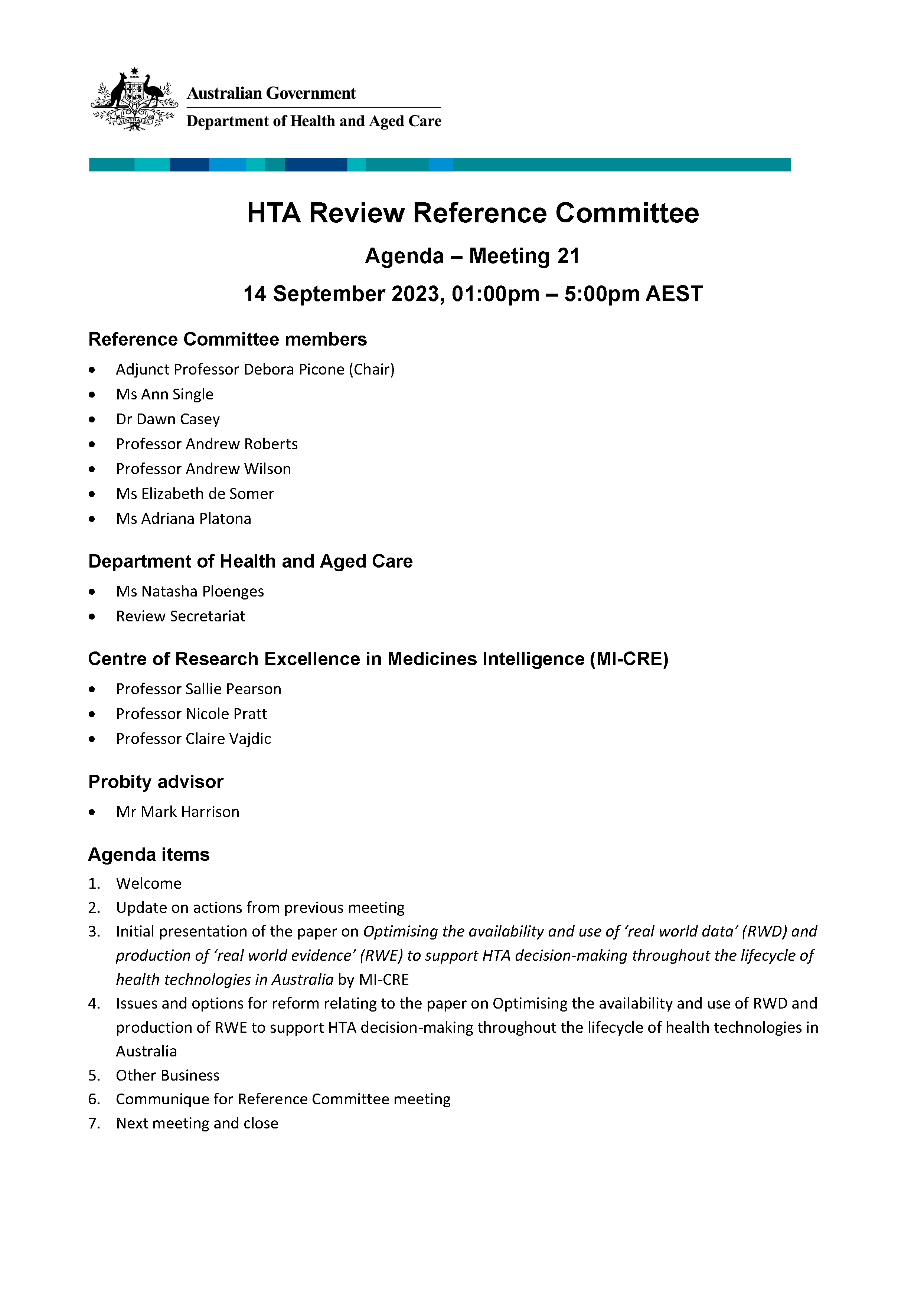 Health Technology Assessment Policy and Methods Review – Reference committee meeting agenda – 15 September 2023