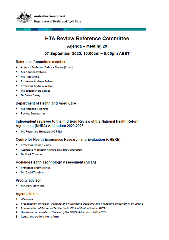 Health Technology Assessment Policy and Methods Review – Reference committee meeting agenda – 7 September 2023