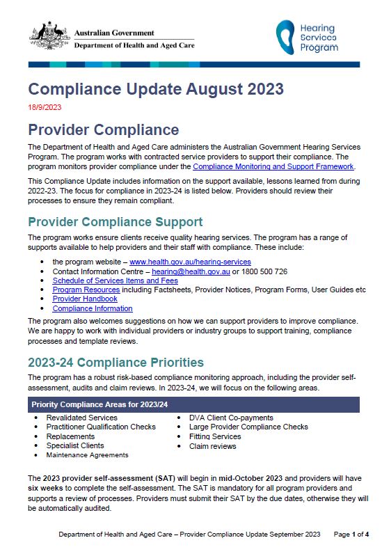 Hearing Services Program - Compliance Update August 2023
