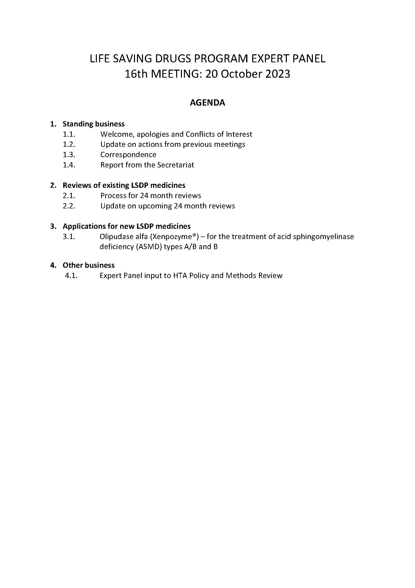 Life Saving Drugs Program (LSDP) Expert Panel meeting agenda – 20 October 2023