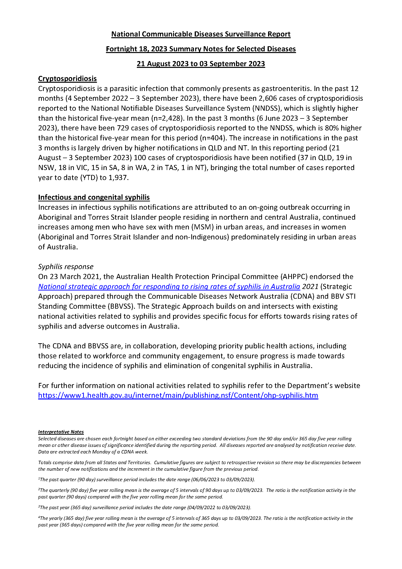 National Notifiable Diseases Surveillance System (NNDSS) fortnightly reports – 21 August 2023 to 3 September 2023