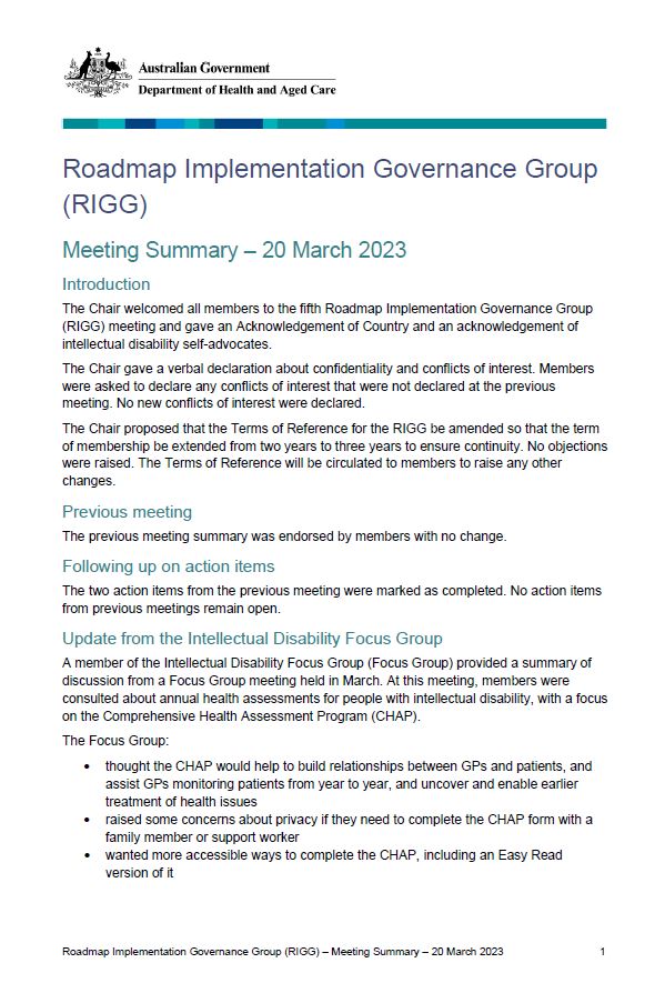 Roadmap Implementation Governance Group (RIGG) – Meeting Summary 21 August 2022
