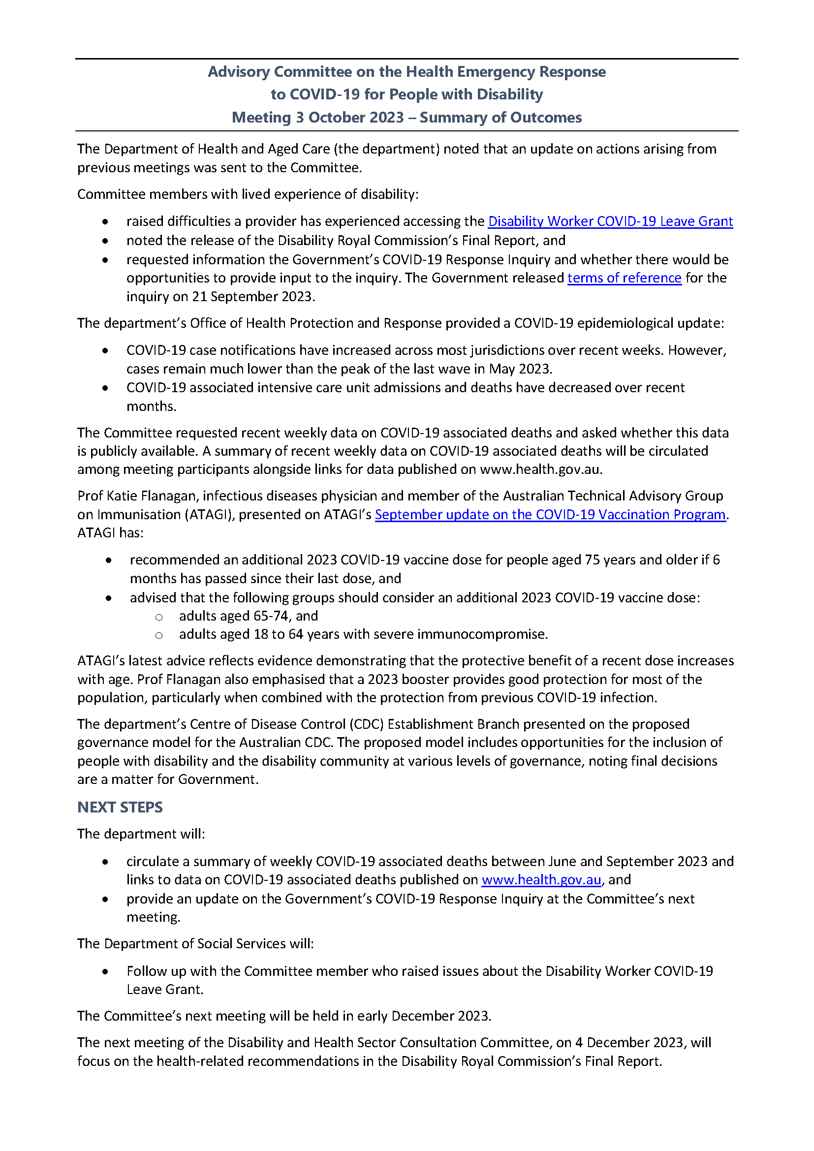 Advisory Committee for the COVID-19 Response for People with Disability – Summary of outcomes 3 October 2023