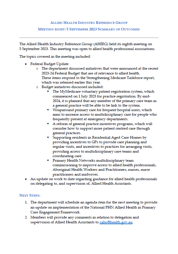 Allied Health Industry Reference Group – Summary of outcomes – 5 September 2023