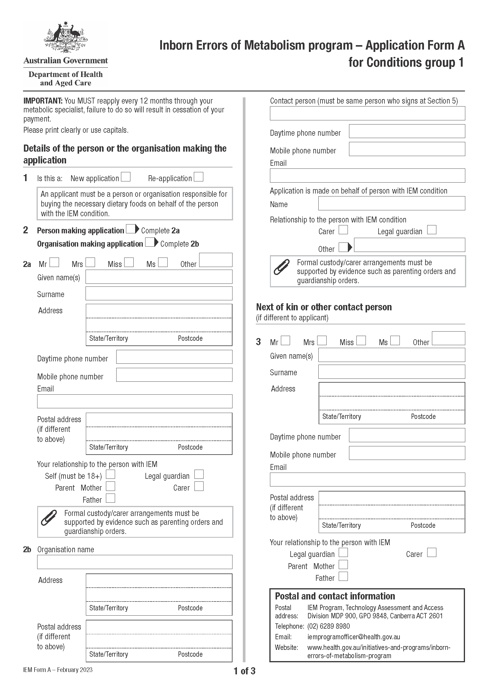 Application Form A for Conditions Group 1 – Inborn Errors of Metabolism