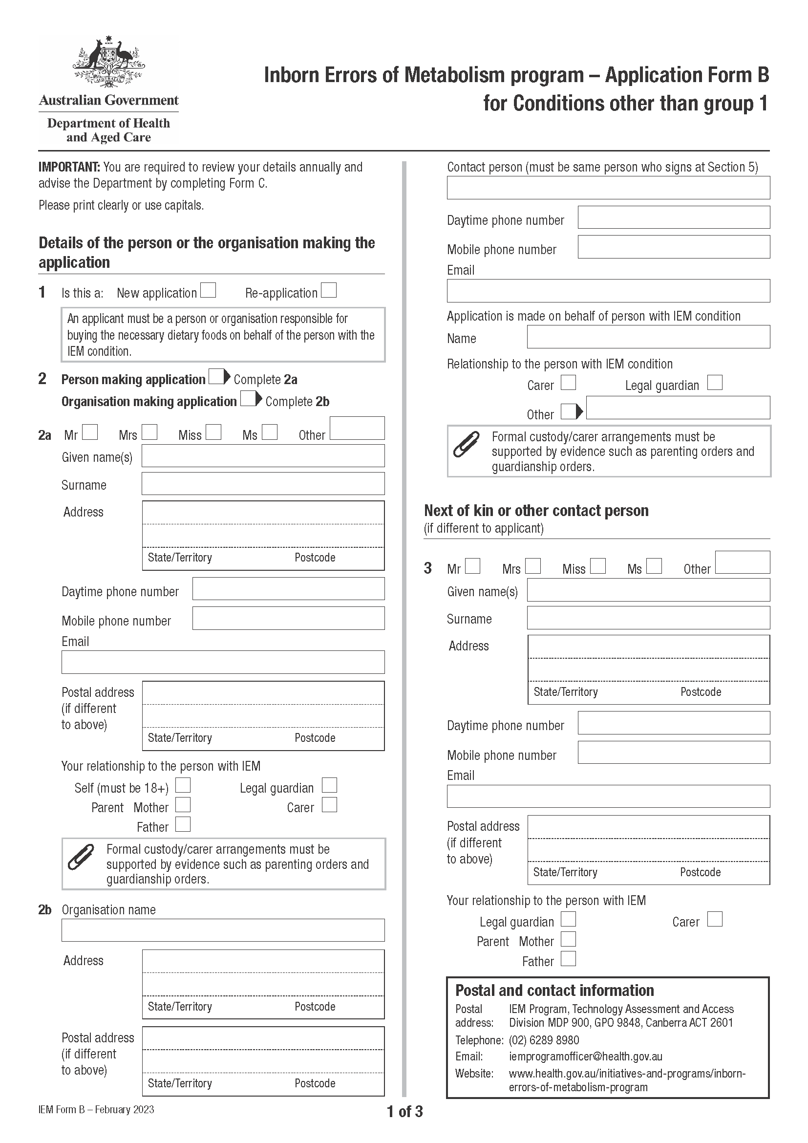 Application Form B for Conditions other than Group 1 – Inborn Errors of Metabolism
