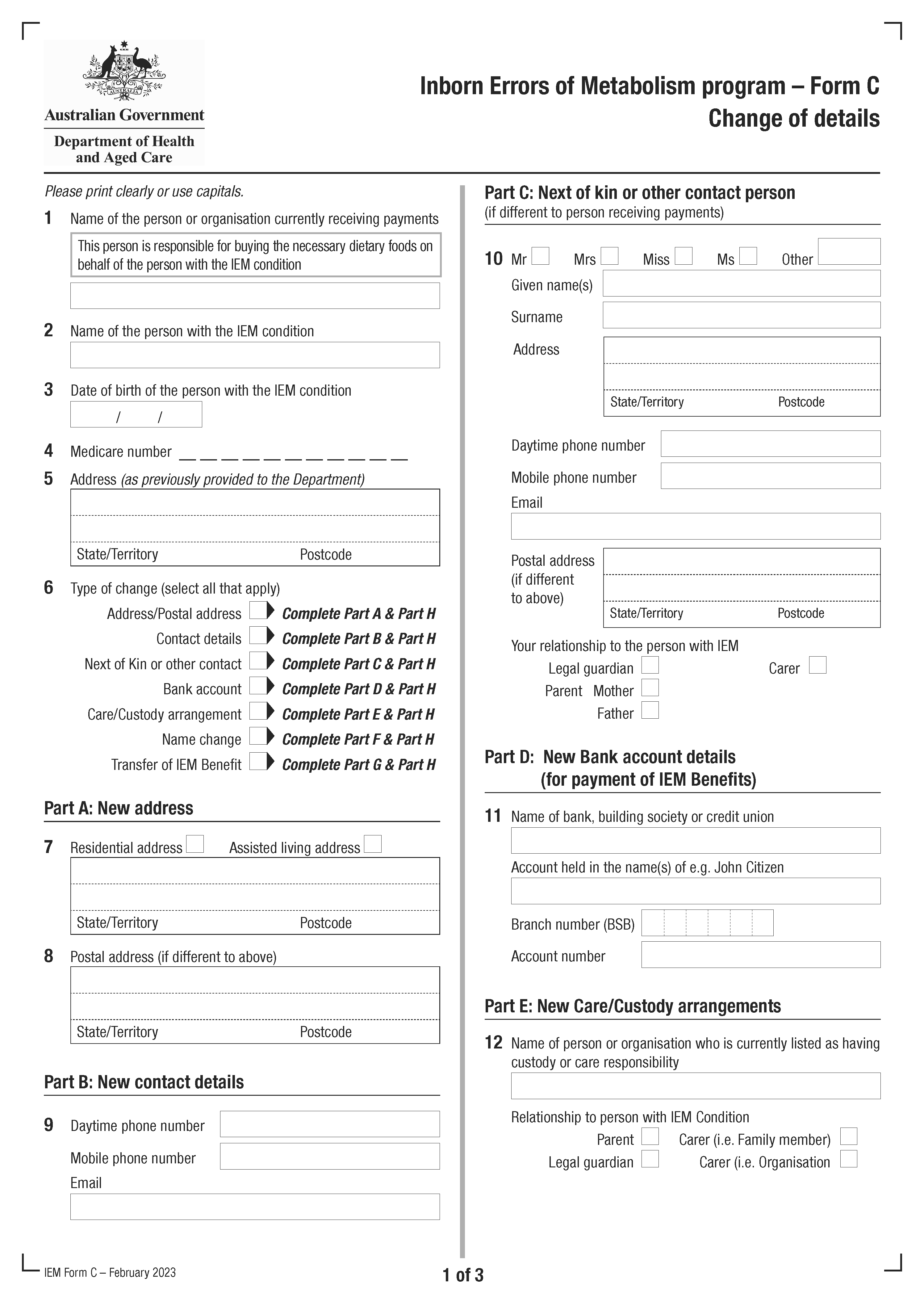 Application Form C – Change of details – Inborn Errors of Metabolism