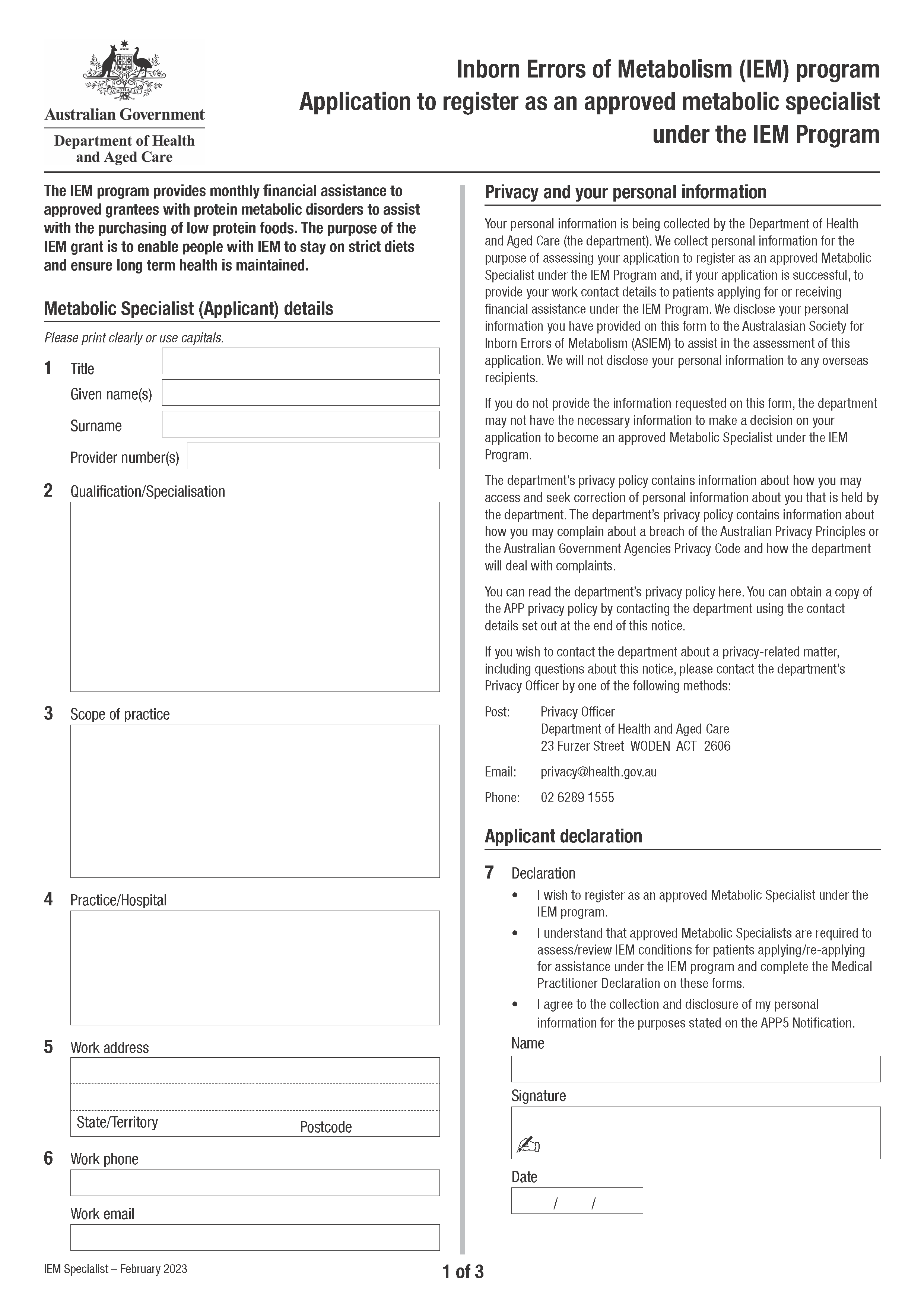 Application to register as an Approved Metabolic Specialist – Inborn Errors of Metabolism