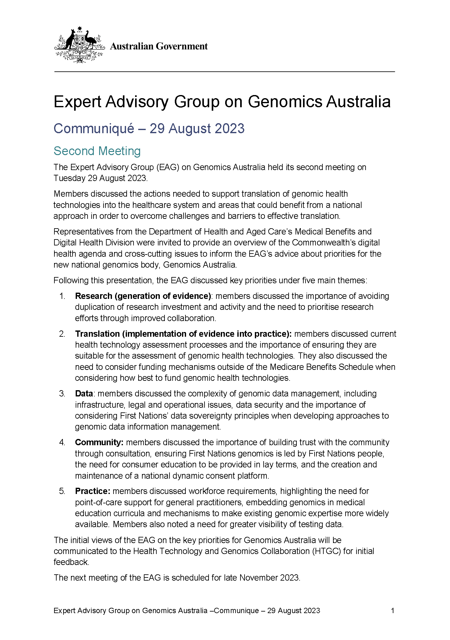 Expert Advisory Group on Genomics Australia communique – 29 August 2023