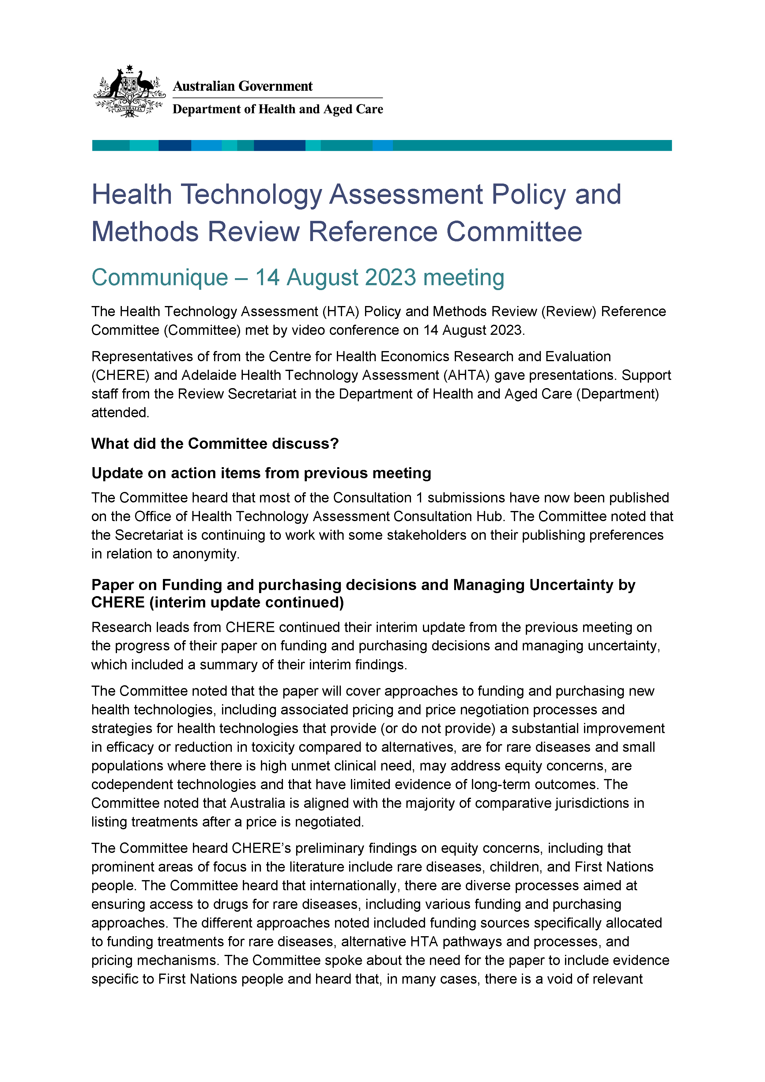 Health Technology Assessment Policy and Methods Review - Reference committee meeting communique – 14 August 2023
