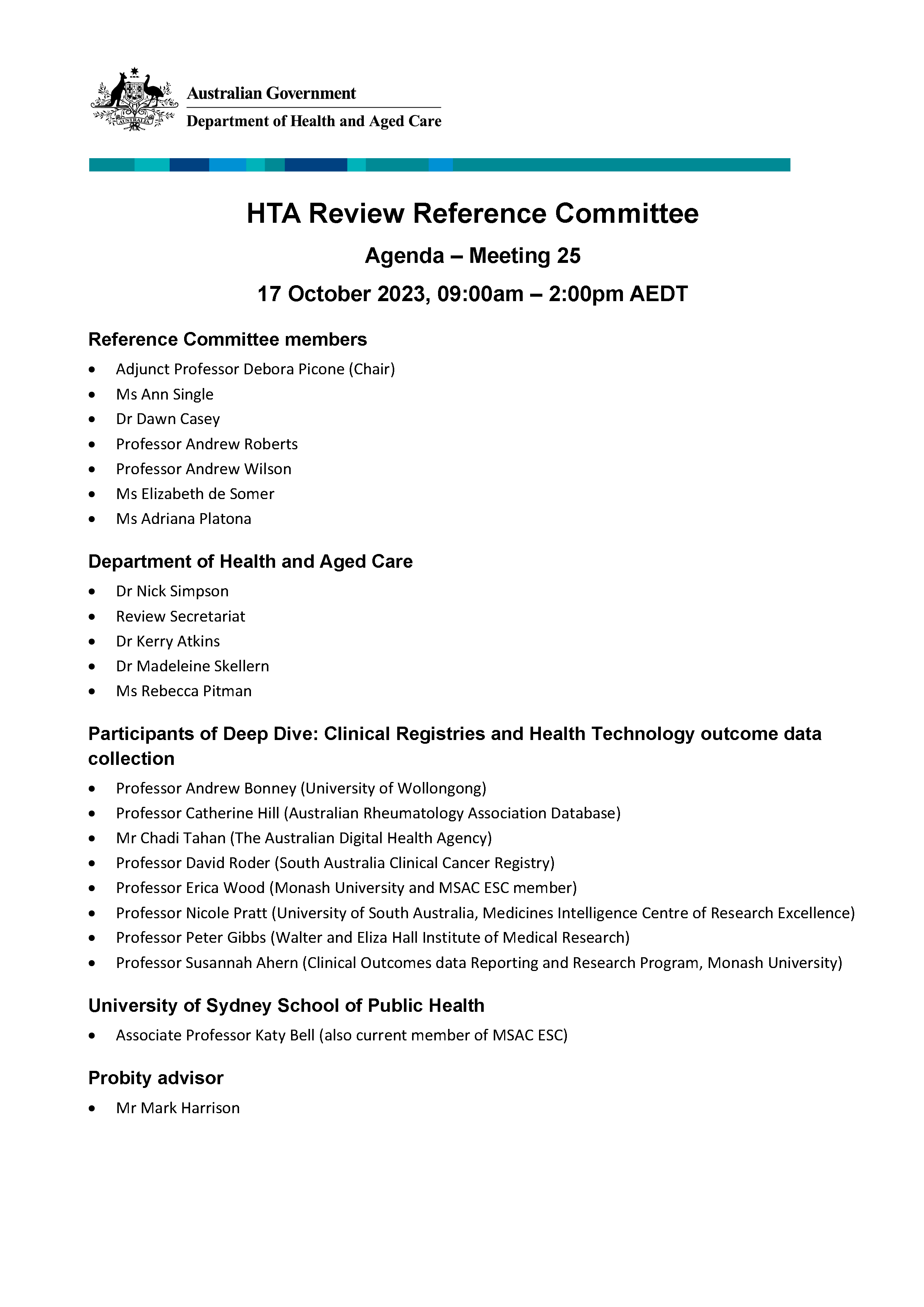 Health Technology Assessment Policy and Methods Review – Reference committee meeting agenda – 17 October 2023
