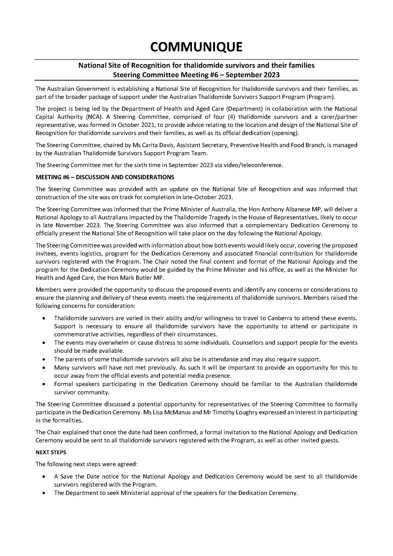 National Site of Recognition Steering Committee communique – September 2023