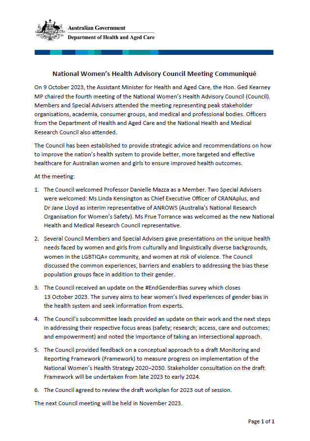 National Women’s Health Advisory Council communique – 9 October 2023