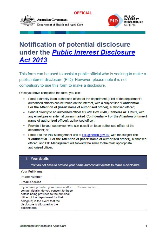 Cover image of notification of potential internal disclosure form