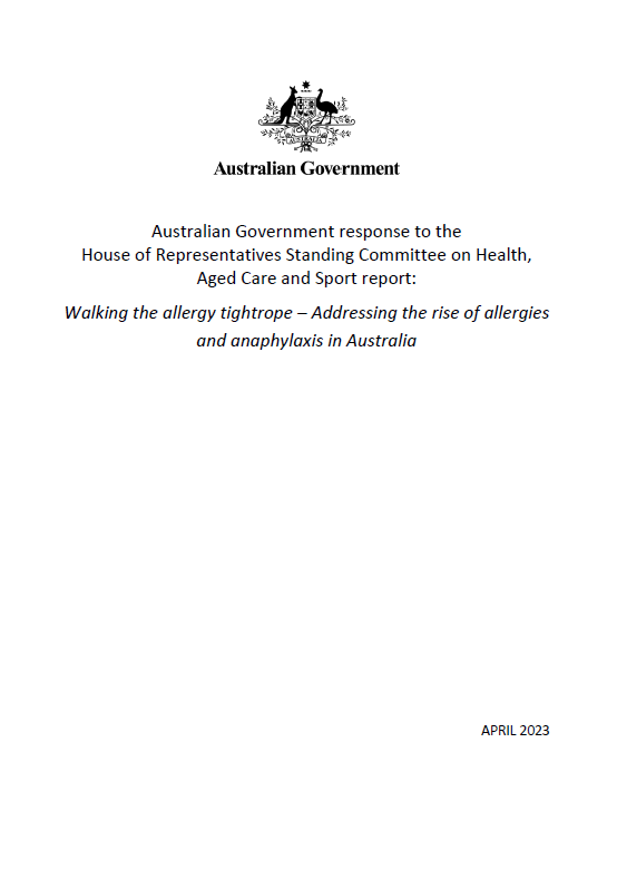 Australian Government response to the House of Representatives Standing Committee on Health, Aged Care and Sport report – allergies and anaphylaxis