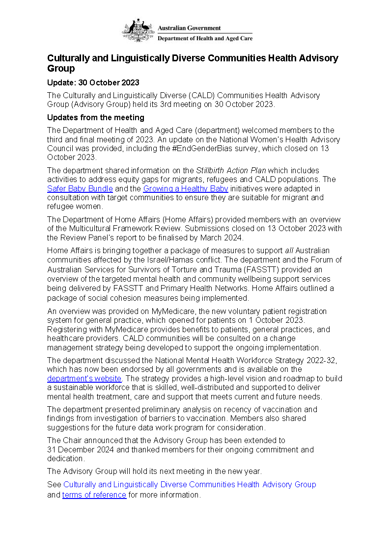 CALD Communities Health Advisory Group communique – 30 October 2023