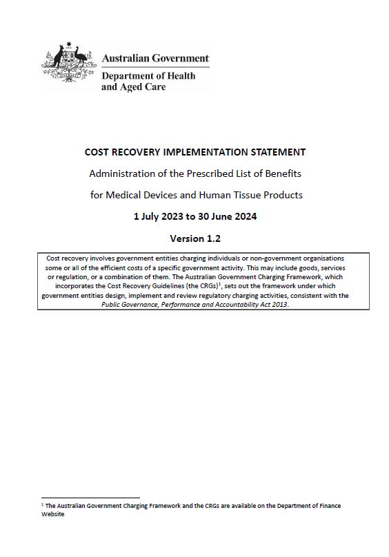 Cost Recovery Implementation Statement – Administration of the Prescribed List of Benefits for Medical Devices and Human Tissue Products – 1 July 2023