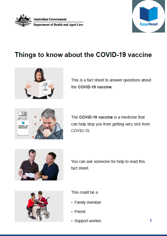 Cover mage for COVID-19 vaccination – Things to know about the COVID-19 vaccine – Easy Read
