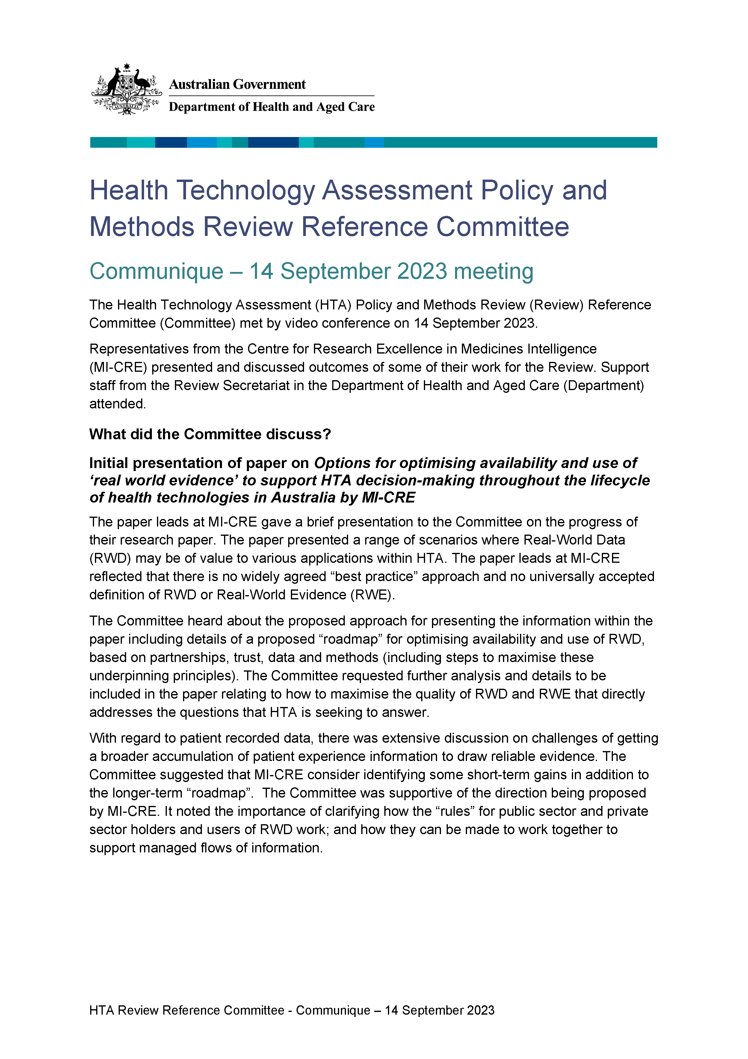 Health Technology Assessment Policy and Methods Review - Reference committee meeting communique – 14 September 2023