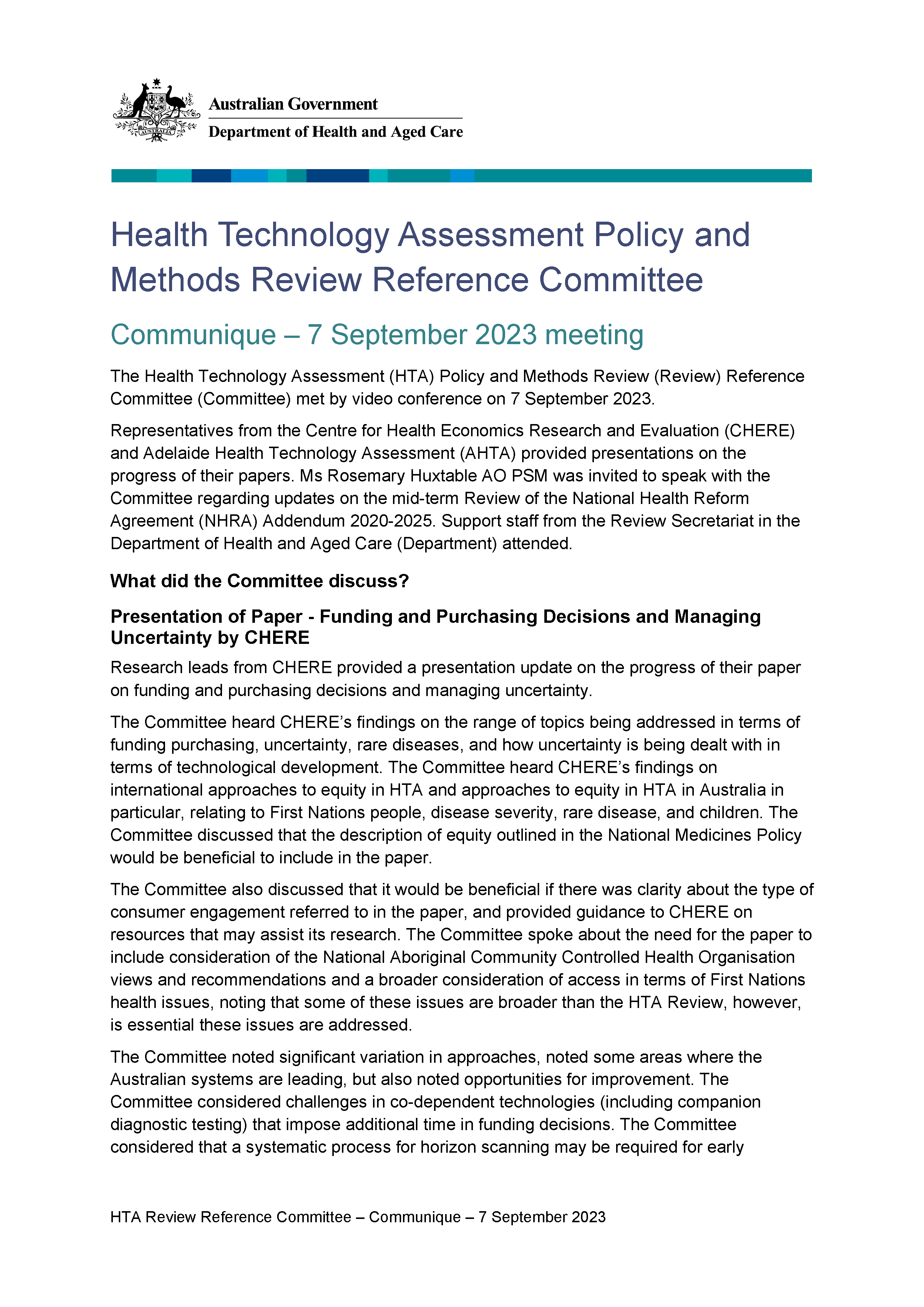 Health Technology Assessment Policy and Methods Review - Reference committee meeting communique – 7 September 2023