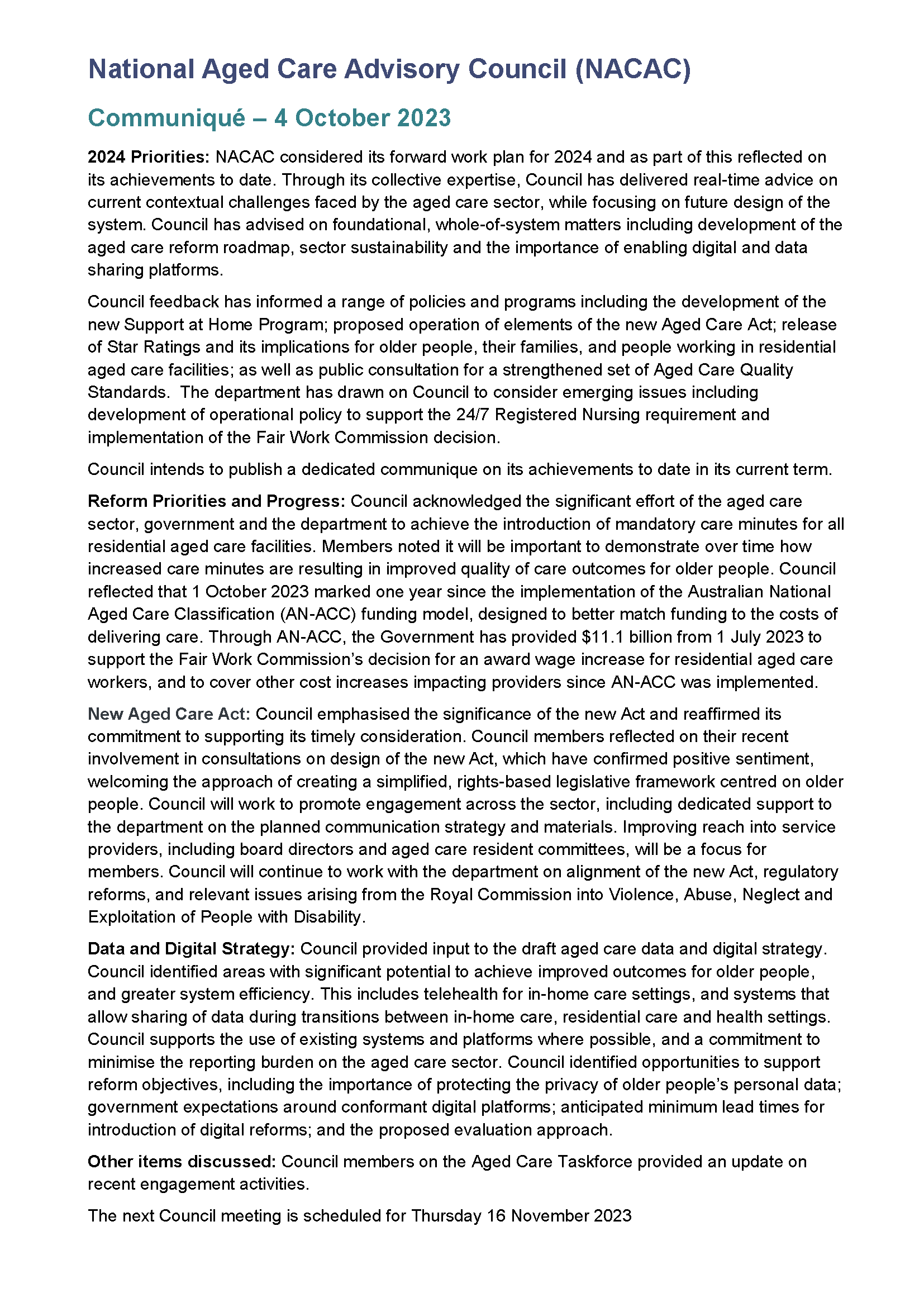 National Aged Care Advisory Council communique – October 2023