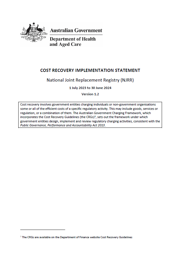National Joint Replacement Registry cost recovery implementation statement