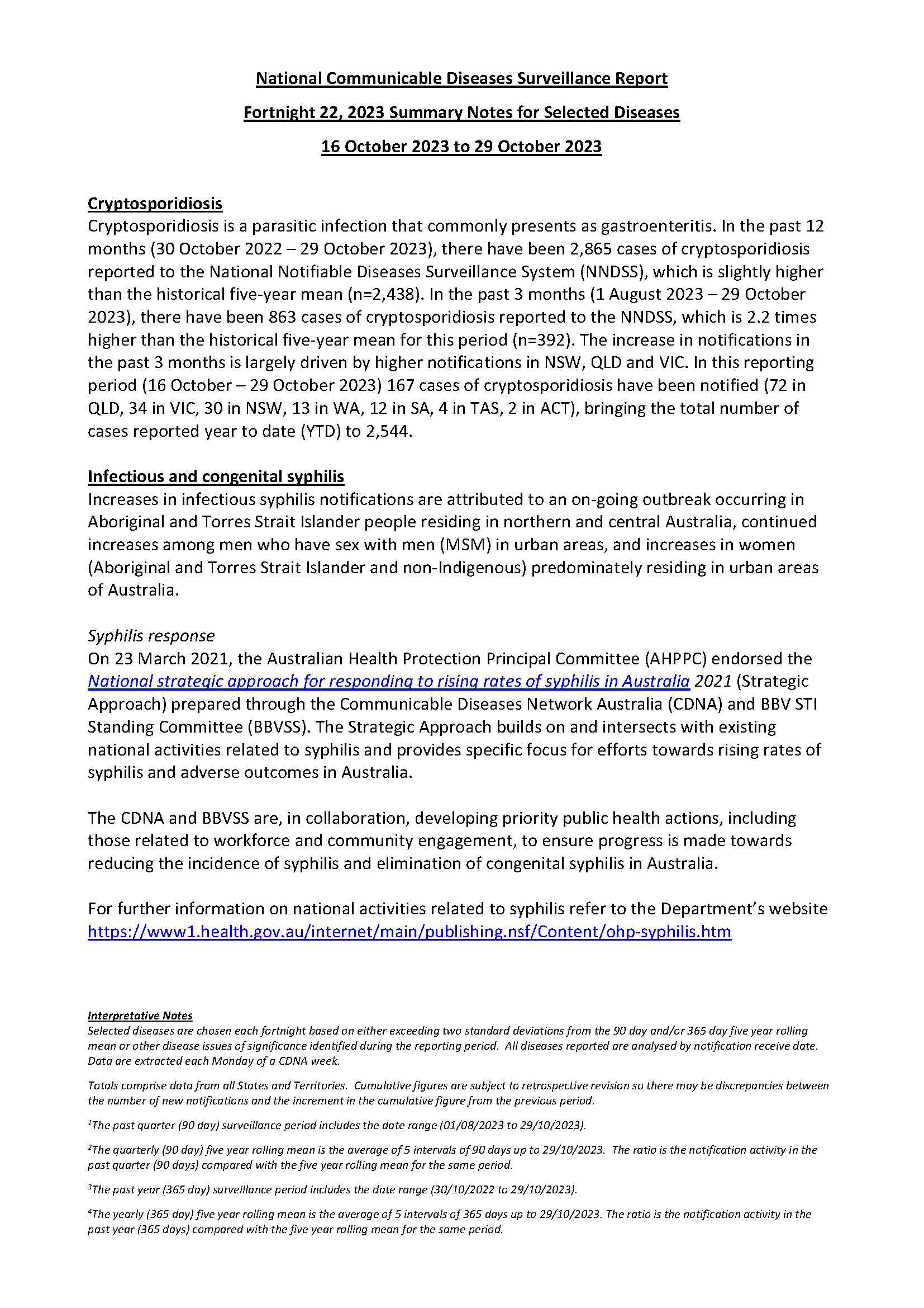 National Notifiable Diseases Surveillance System (NNDSS) fortnightly reports – 16 October 2023 to 29 October 2023