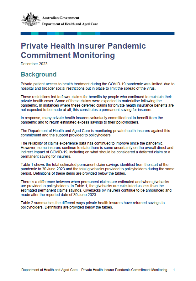 Private Health Insurer pandemic commitment monitoring