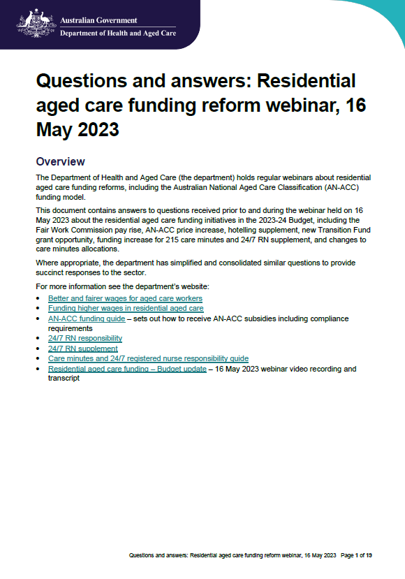 Cover image for Questions and answers from the Residential Aged Care webinar – 16 May 2023