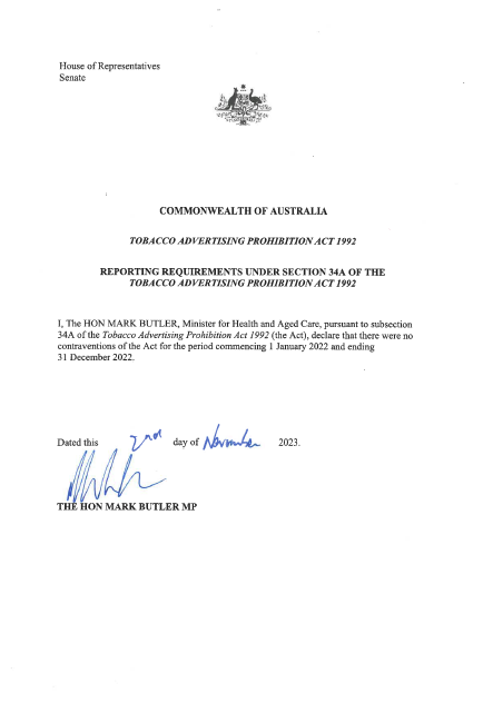 Reporting requirements under section 34a of the Tobacco Advertising Prohibition Act 1992 (1 January – 31 December 2022)