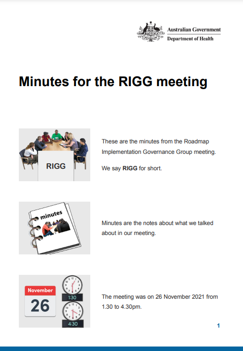 Cover image for Roadmap Implementation Governance Group (RIGG) – Meeting minutes – 26 November 2021 – Easy Read