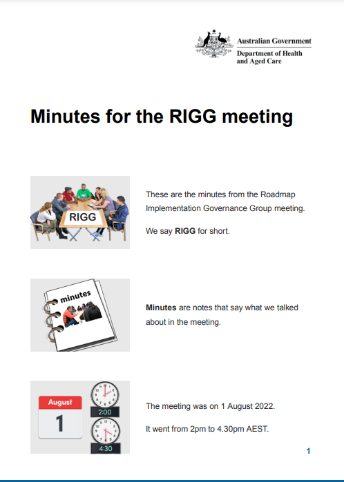 Cover image for Roadmap Implementation Governance Group (RIGG) – Meeting Summary 1 August 2022 – Easy Read