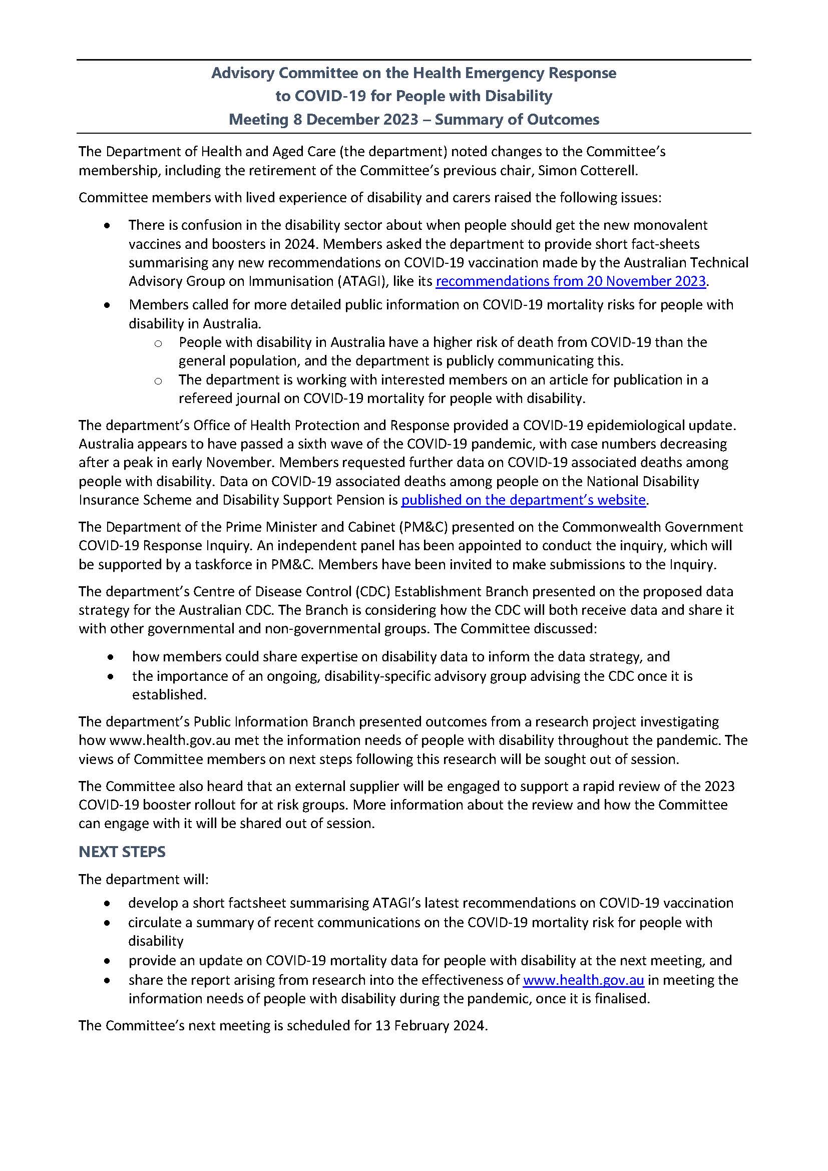 Advisory Committee for the COVID-19 Response for People with Disability – Summary of outcomes 8 December 2023