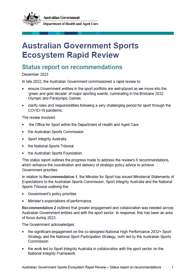 Australian Government Sports Ecosystem Rapid Review – Status report on recommendations