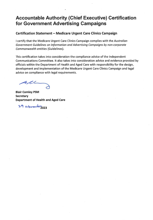 Certification Statement – Medicare Urgent Care Clinics campaign