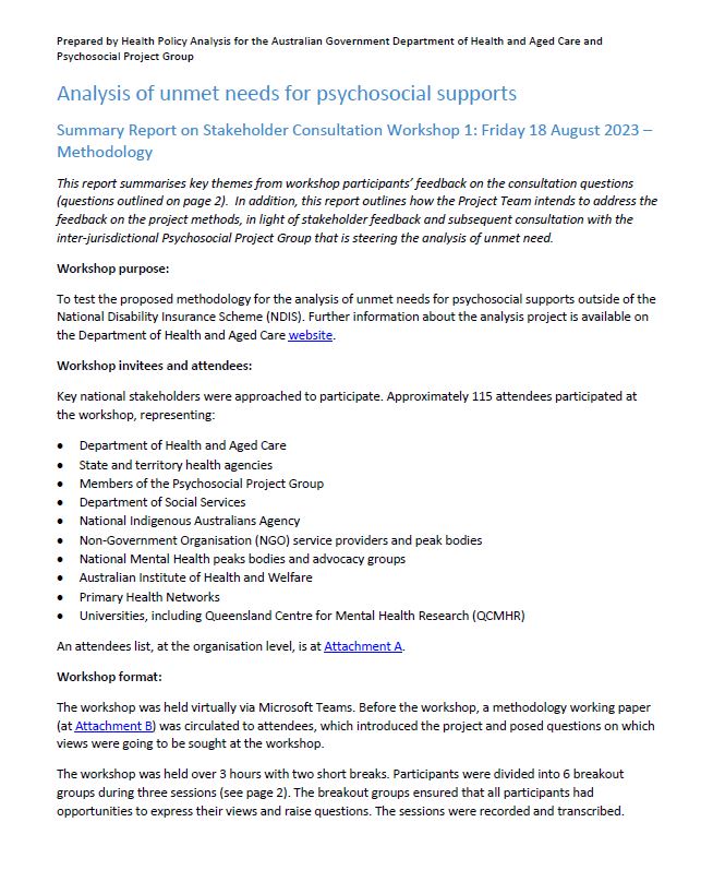 Consultation Workshop 1 Summary
