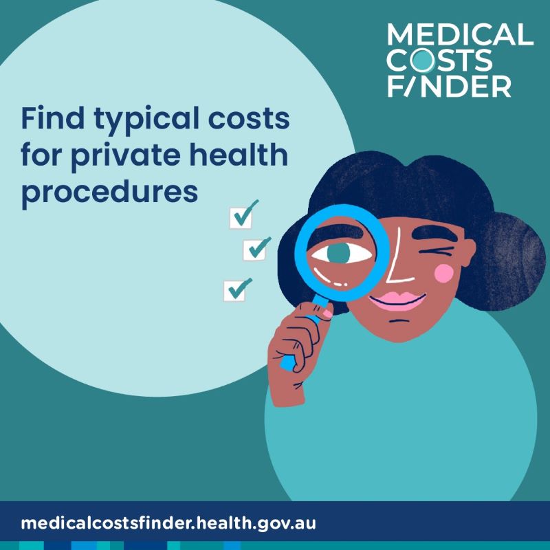 Medical Costs Finder social media tile for "Find typical costs for private health procedures" with woman with curly hair holding a magnifying glass.