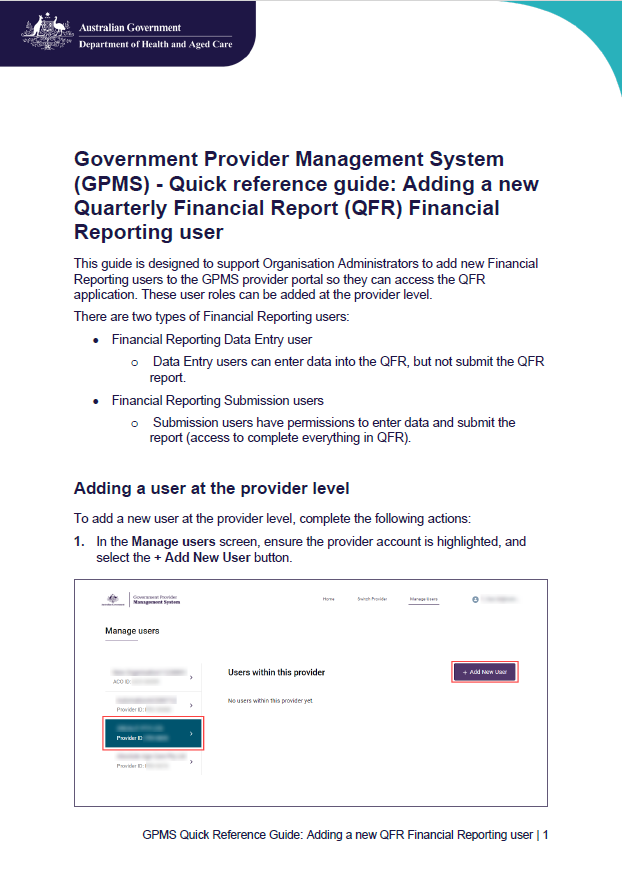 Cover image for Quick reference guide: Adding a new Quarterly Financial Report (QFR) Financial Reporting user in GPMS