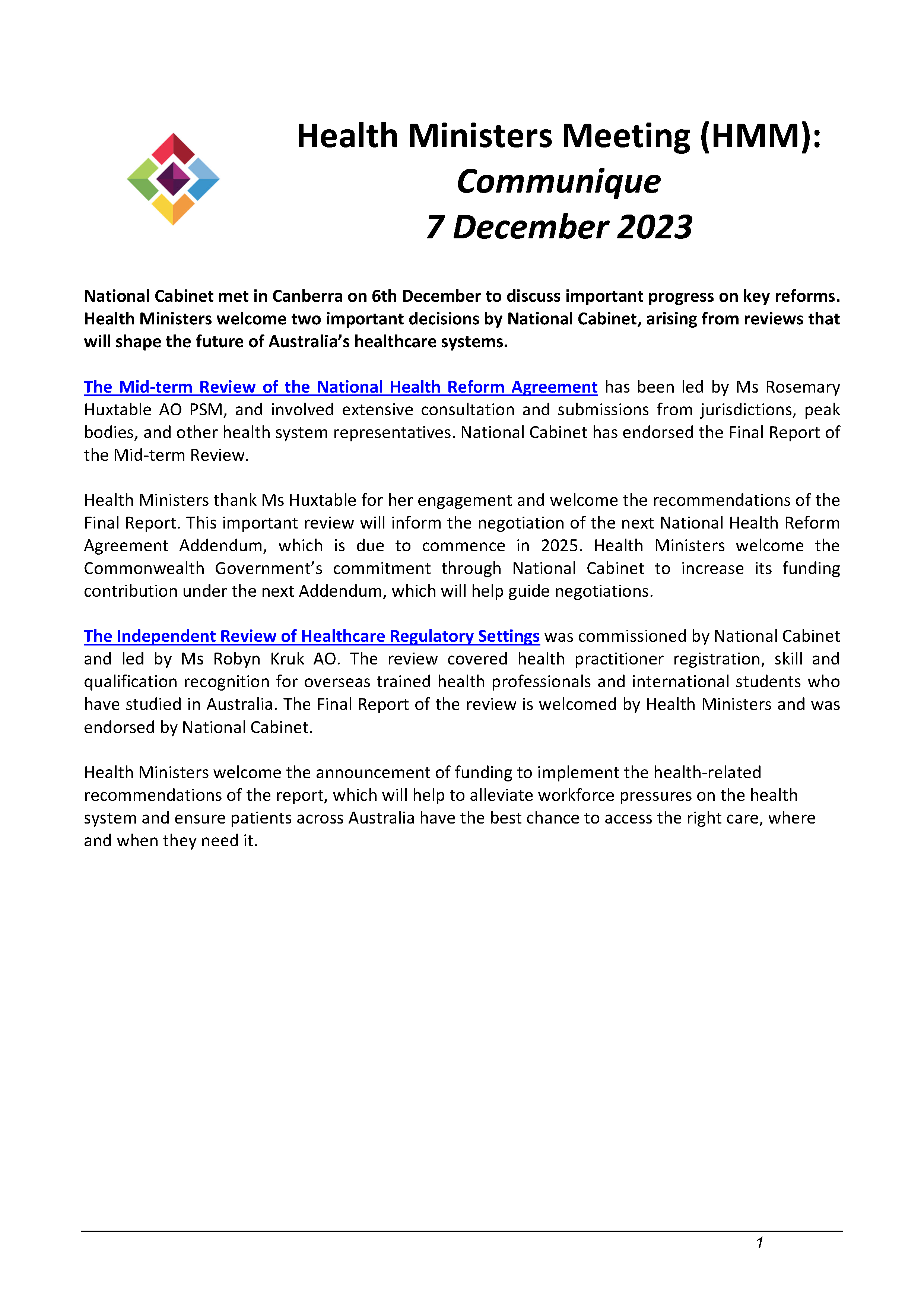 Health Ministers Meeting – Communique 7 December 2023