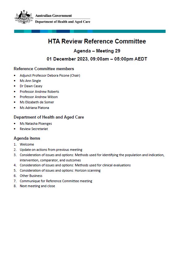 Health Technology Assessment Policy and Methods Review – Reference committee meeting agenda – 1 December 2023