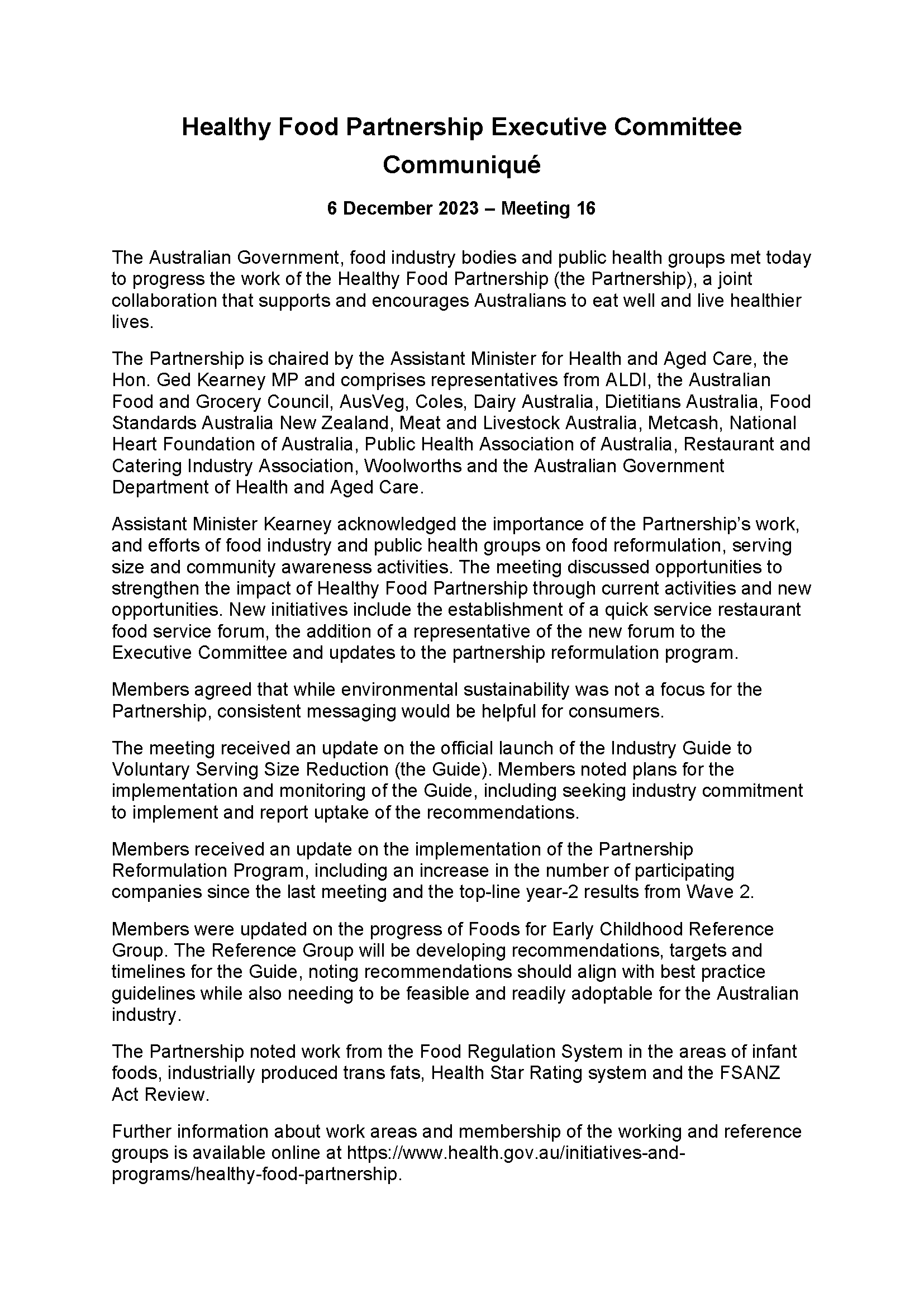 Healthy Food Partnership Program – Executive Committee communique – December 2023