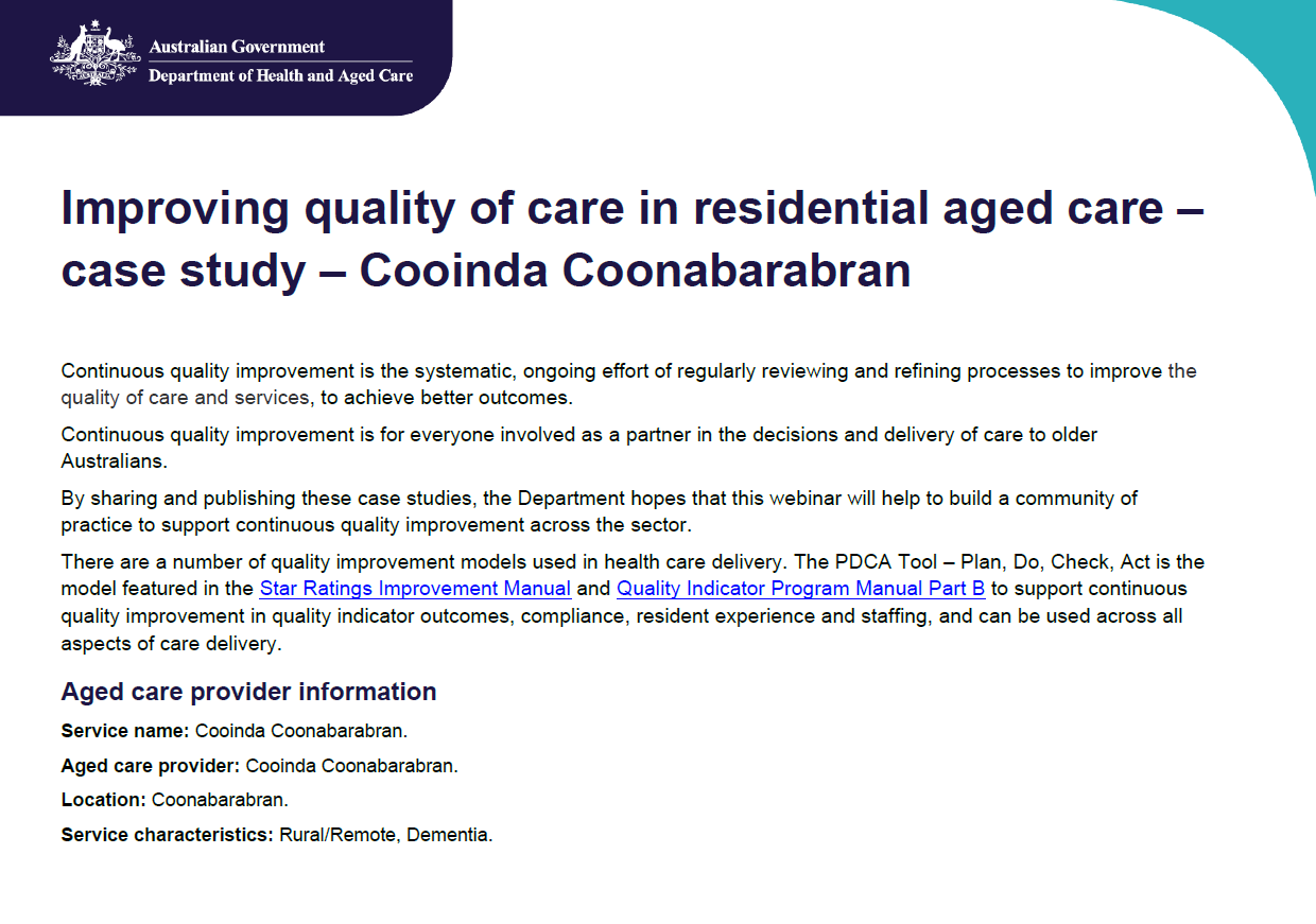 Cover image for Improving quality of care in residential aged care – case study – Cooinda Coonabarabran