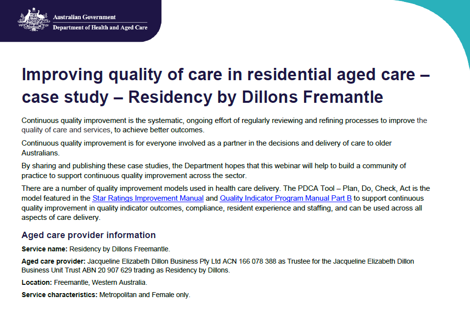 Cover image for  Improving quality of care in residential aged care – case study – Residency by Dillons Fremantle