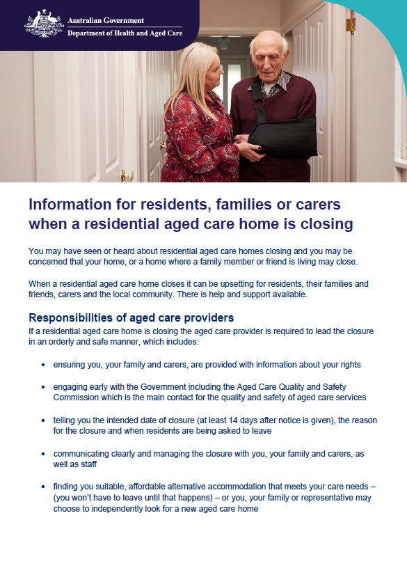 Cover image for Information for residents, families or carers when a residential aged care home is closing 