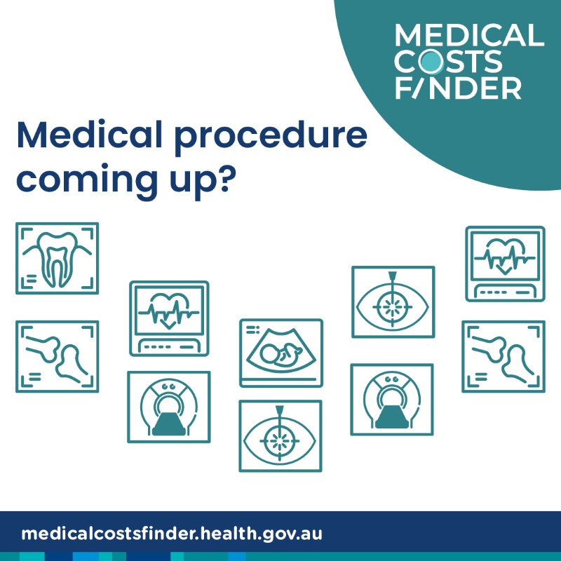 Medical Cost Finder social media tile for "Medical procedure coming up?" Icons with different types of medical scans and examinations.