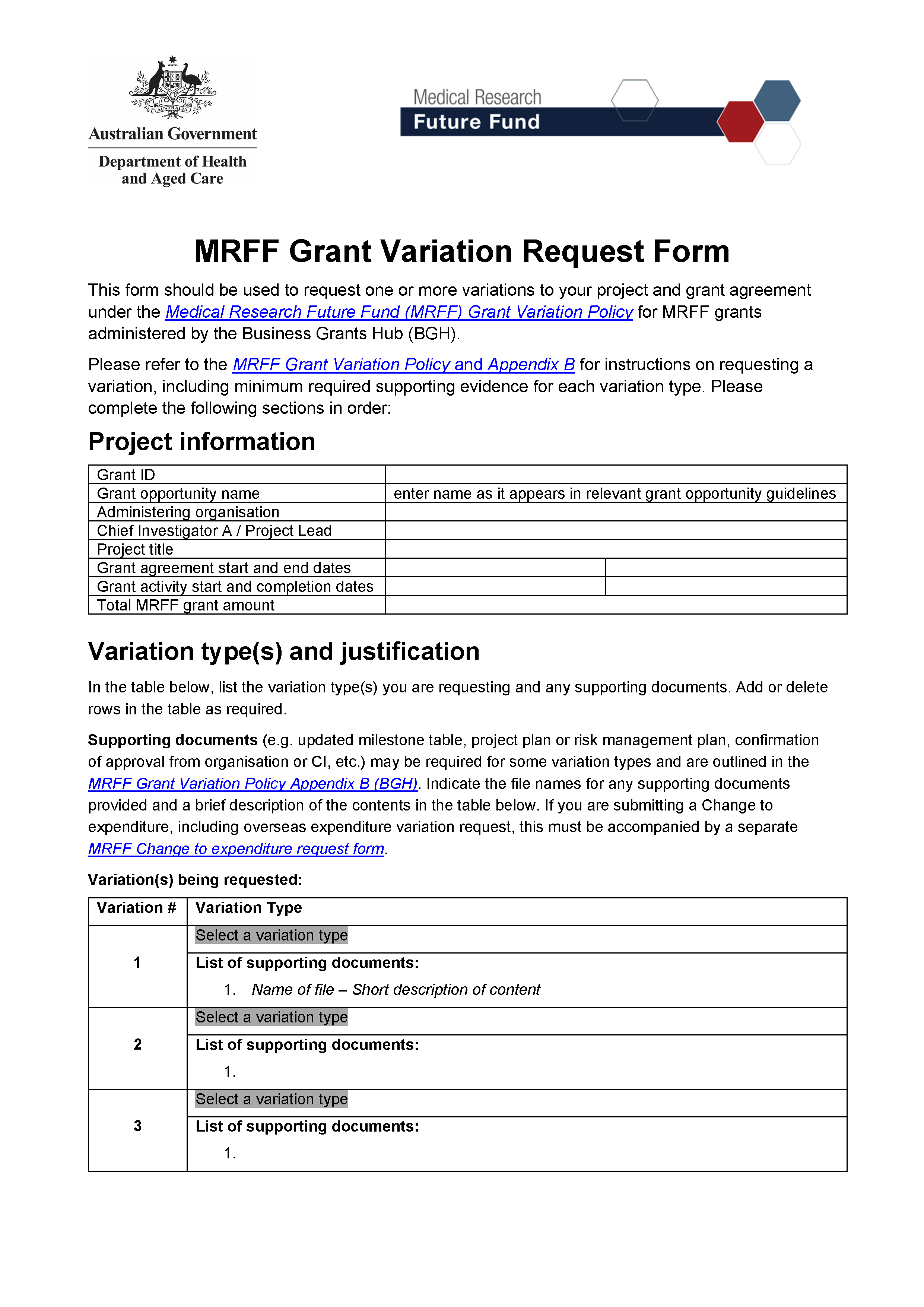 Medical Research Future Fund grant variation request form – Business Grants Hub-administered grants