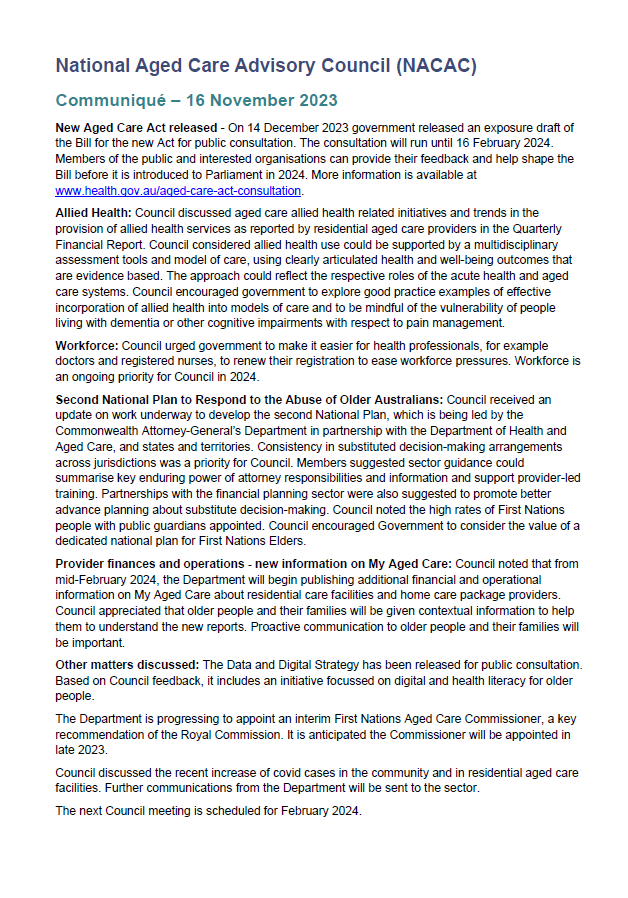 National Aged Care Advisory Council communique – November 2023
