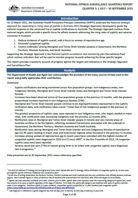 National syphilis surveillance quarterly report – July to September 2023